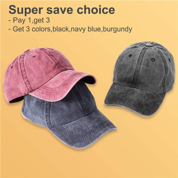3 Pack Washed Plain Baseball Cap, Retro Adjustable Dad Hats Gift for Men/Women - Picture 1 of 7
